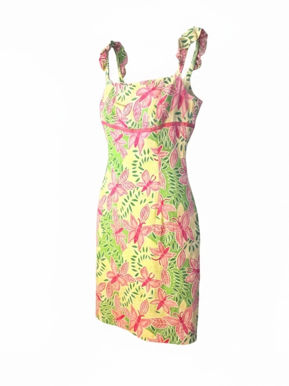 Lilly Pulitzer Yellow Dress with Pink Floral & Green Leaf Print